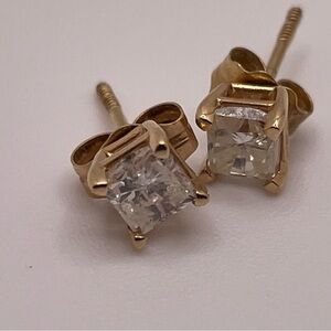 Vintage 14K Gold Screw-Back Stud Earrings Square Cut Clear Stones